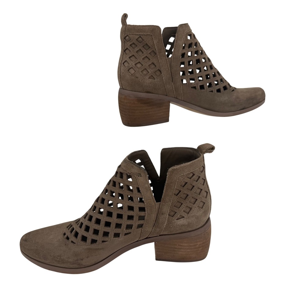 Crown Vintage Booties Womens 7.5 Taupe Suede Laser Cut Lattice Block Heel Boots
